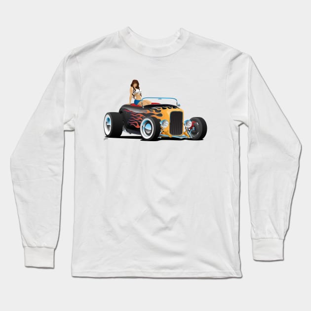 Custom Hot Rod Roadster Car with Flames and Sexy Woman Long Sleeve T-Shirt by hobrath